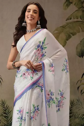 white satin saree with floral digital print design