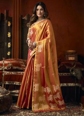 Orange tissue silk blend saree with cow butta weaving work 2