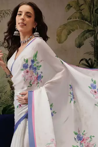 white satin saree with floral digital print design