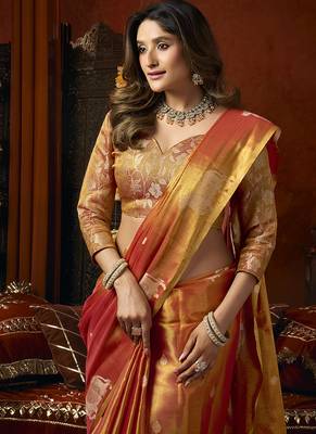 Orange tissue silk blend saree with cow butta weaving work 4