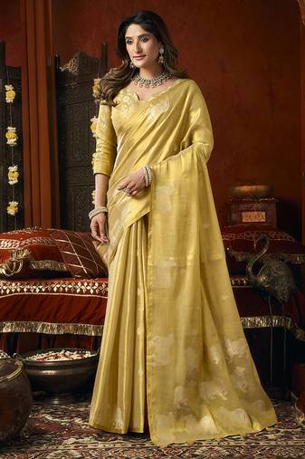 Golden yellow tissue silk blend saree with cow butta weaving work