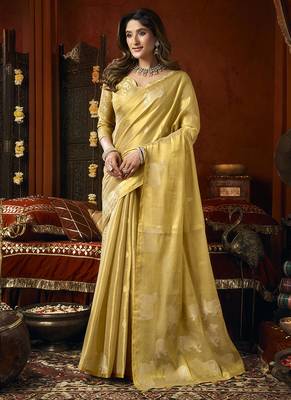 Golden yellow tissue silk blend saree with cow butta weaving work 2