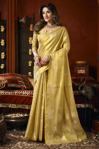 Golden yellow tissue silk blend saree with cow butta weaving work