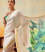 Floral printed zari silk ready to wear kasavu saree