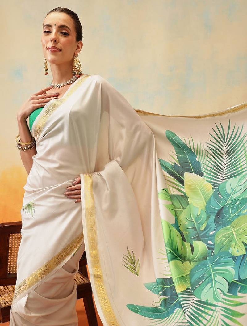 Floral printed zari silk ready to wear kasavu saree