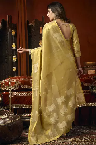Golden yellow tissue silk blend saree with cow butta weaving work