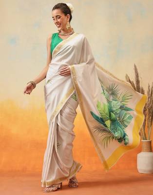 Floral printed zari silk ready to wear kasavu saree 2