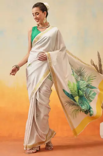 Floral printed zari silk ready to wear kasavu saree