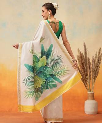 Floral printed zari silk ready to wear kasavu saree 3