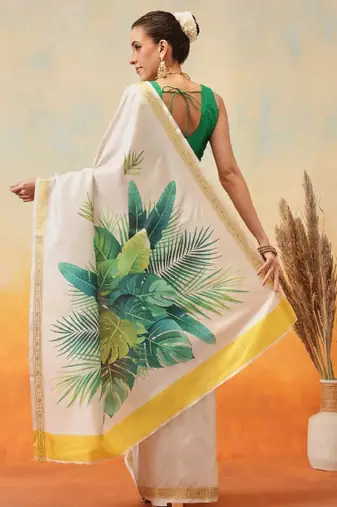 Floral printed zari silk ready to wear kasavu saree