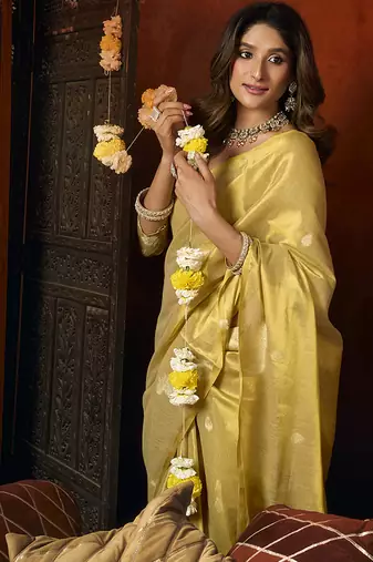 Golden yellow tissue silk blend saree with cow butta weaving work