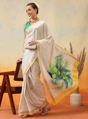 Floral printed zari silk ready to wear kasavu saree 4