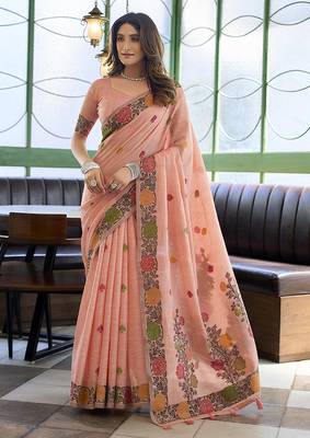 Peach floral printed linen jacquard saree with unstiched blouse piece 1