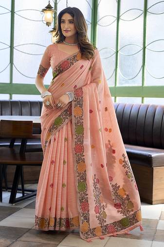 Peach floral printed linen jacquard saree with unstiched blouse piece