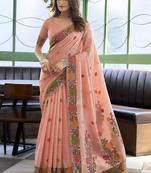 Peach floral printed linen jacquard saree with unstiched blouse piece