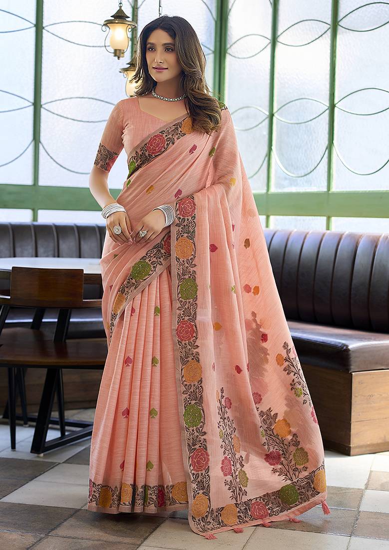 Peach floral printed linen jacquard saree with unstiched blouse piece
