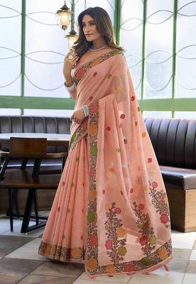 Peach floral printed linen jacquard saree with unstiched blouse piece 2