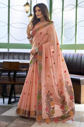 Peach floral printed linen jacquard saree with unstiched blouse piece