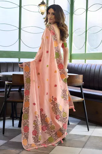 Peach floral printed linen jacquard saree with unstiched blouse piece