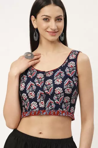 Black cotton sanganeri printed non padded blouse