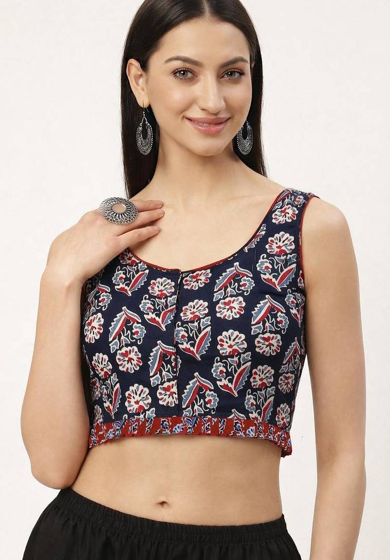 Black cotton sanganeri printed non padded blouse