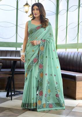 Turquoise floral printed linen jacquard saree with unstiched blouse piece 1