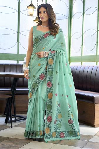 Turquoise floral printed linen jacquard saree with unstiched blouse piece