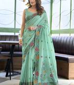 Turquoise floral printed linen jacquard saree with unstiched blouse piece