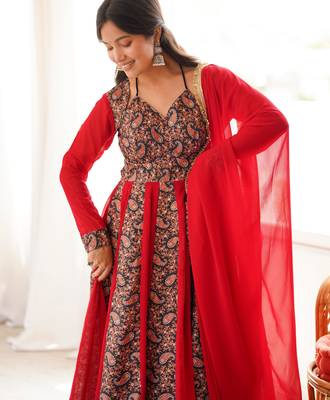 Red embroidered blooming georgette anarkali gown set 1