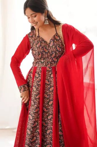 Red embroidered blooming georgette anarkali gown set