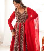 Red embroidered blooming georgette anarkali gown set