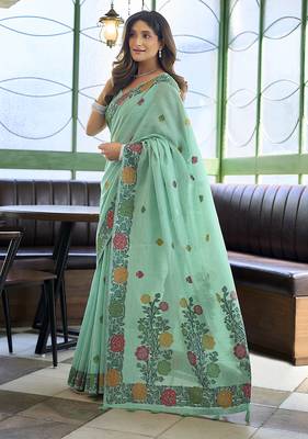 Turquoise floral printed linen jacquard saree with unstiched blouse piece 2