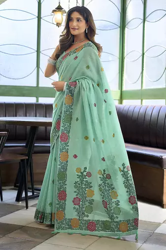 Turquoise floral printed linen jacquard saree with unstiched blouse piece