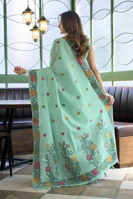 Turquoise floral printed linen jacquard saree with unstiched blouse piece 3
