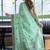 Turquoise floral printed linen jacquard saree with unstiched blouse piece