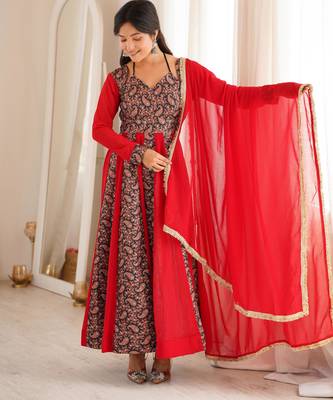 Red embroidered blooming georgette anarkali gown set 2