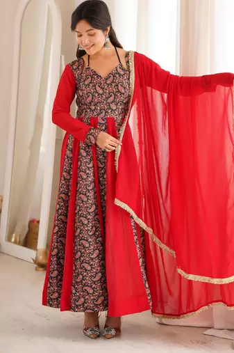 Red embroidered blooming georgette anarkali gown set