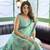 Turquoise floral printed linen jacquard saree with unstiched blouse piece