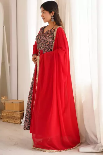 Red embroidered blooming georgette anarkali gown set