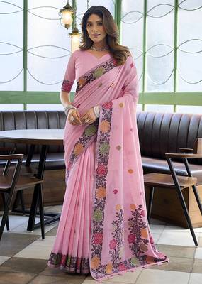 Pink floral printed linen jacquard saree with unstiched blouse piece 1