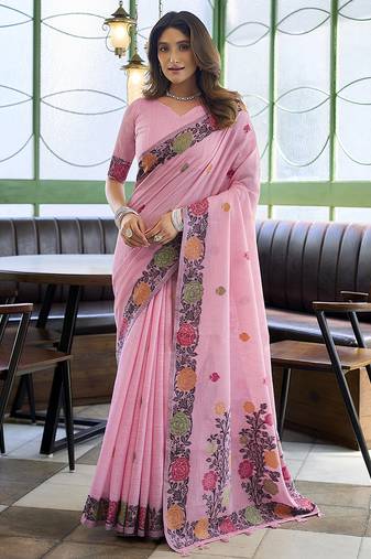 Pink floral printed linen jacquard saree with unstiched blouse piece