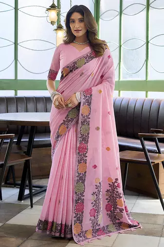 Pink floral printed linen jacquard saree with unstiched blouse piece