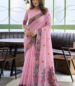 Pink floral printed linen jacquard saree with unstiched blouse piece