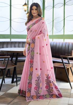 Pink floral printed linen jacquard saree with unstiched blouse piece 2