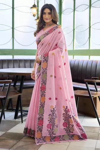 Pink floral printed linen jacquard saree with unstiched blouse piece