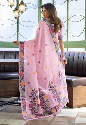 Pink floral printed linen jacquard saree with unstiched blouse piece 3