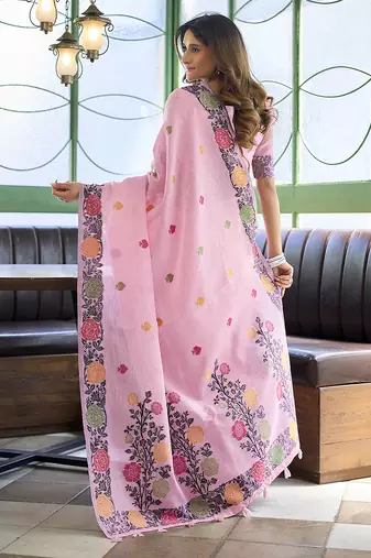 Pink floral printed linen jacquard saree with unstiched blouse piece