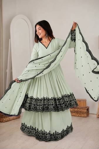 Light green faux georgette embroidered kurta palazzo set with dupatta