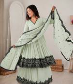 Light green faux georgette embroidered kurta palazzo set with dupatta