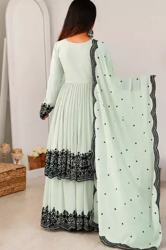 Light green faux georgette embroidered kurta palazzo set with dupatta